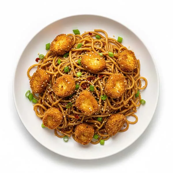 Crunchy Tofu Cubes with Spiced Garlic Noodles